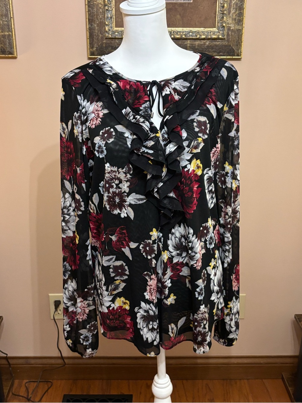 White House Black Market Black Floral Ruffle Tie-Neck Blouse